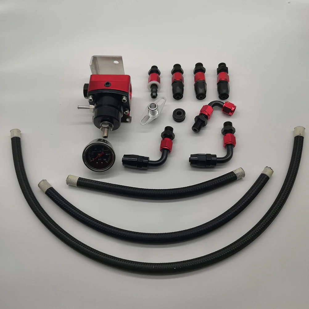 

Universal Adjustable Fuel Pressure Regulator with Oil Gauge and Fuel Hose Line and Fuel Fittings Hose End (Black and Red)