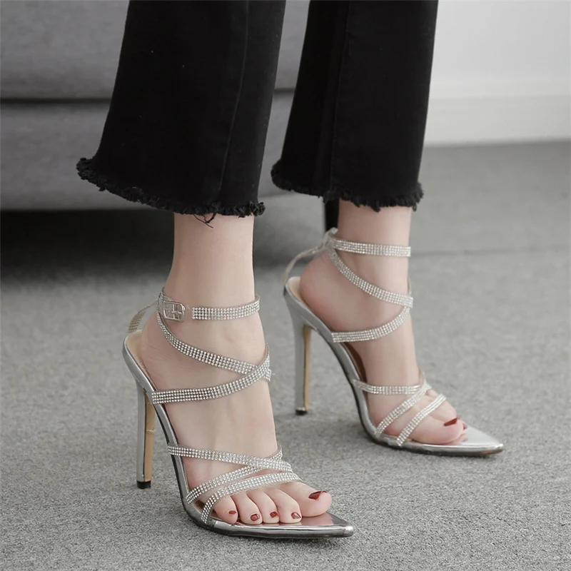 Женские блестящие сандалии на высоком каблуке 12 см с перекрестным носком