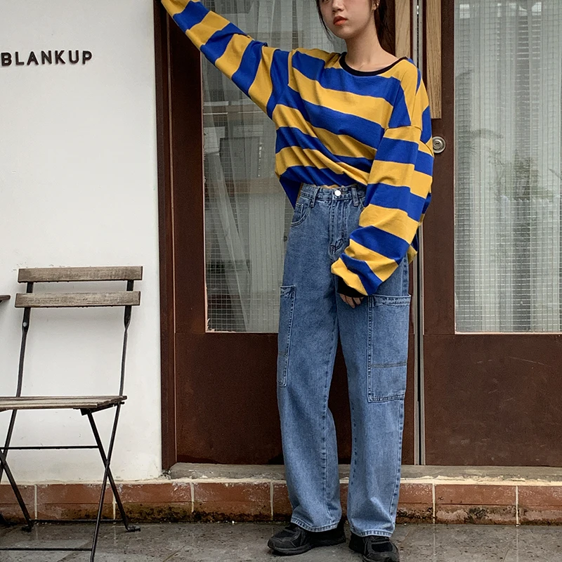 Джинсовые широкие брюки джинсы женские свободные прямые с высокой талией