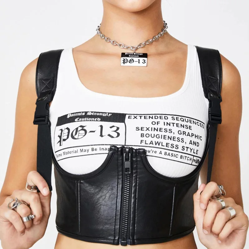 Кроп топ на молнии из пу кожи без рукавов с открытой спиной|Футболки| |