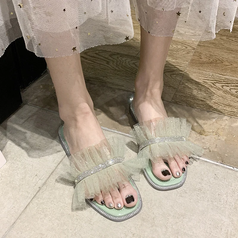 

Slippers Women Summer Shoes Shale Female Beach Pantofle Lace Luxury Slides Low Jelly Flip Flops Sabot 2021 Designer Glitter