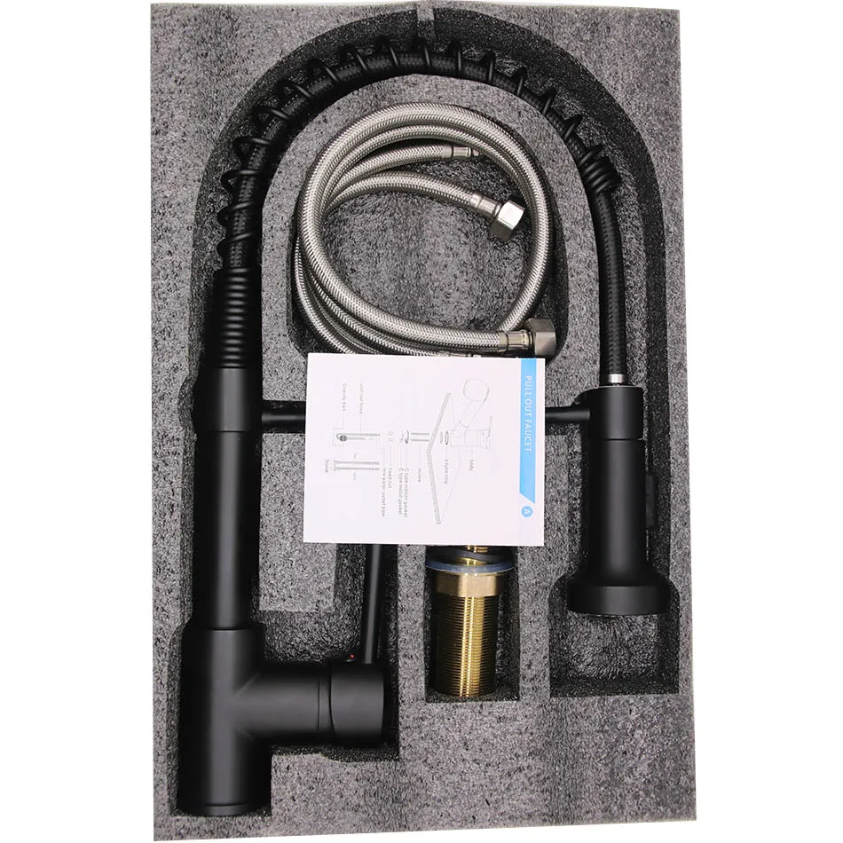 

Brass Pull Out 360 Degree Swivel Spring Black Kitchen Faucet Single Handle Hole Hot Cold Mixer Water Tap With 2 Water Intel Pipe
