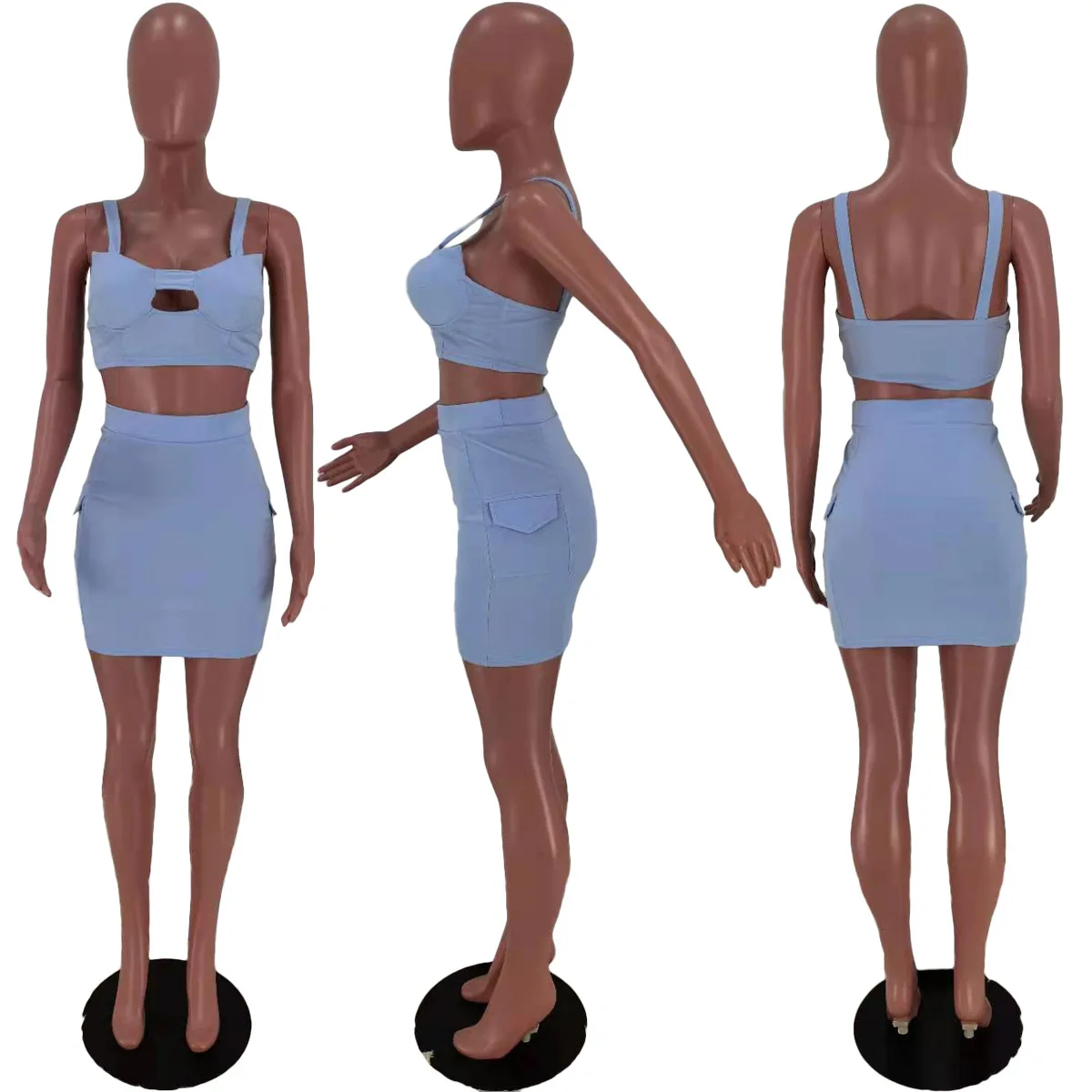 

2021 Women Spaghetti Strap Skirts Summer Sleeveless Hollow Out Solid Vest Top Nightclub Mini Bodycon Skirt Two Pieces Party Sets