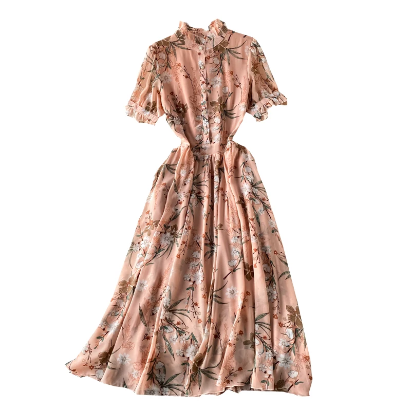 

Elegant temperament collar floral chiffon dress show thin Xia Chao fairy goddess van beach posed dress on holiday
