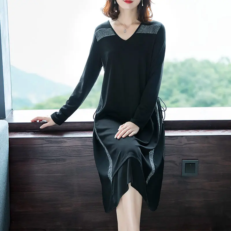 

Платье-Свитер женское, с V-образным вырезом и длинным рукавом, свободного покроя, большого размера, в стиле пэчворк, весна-осень, f2913