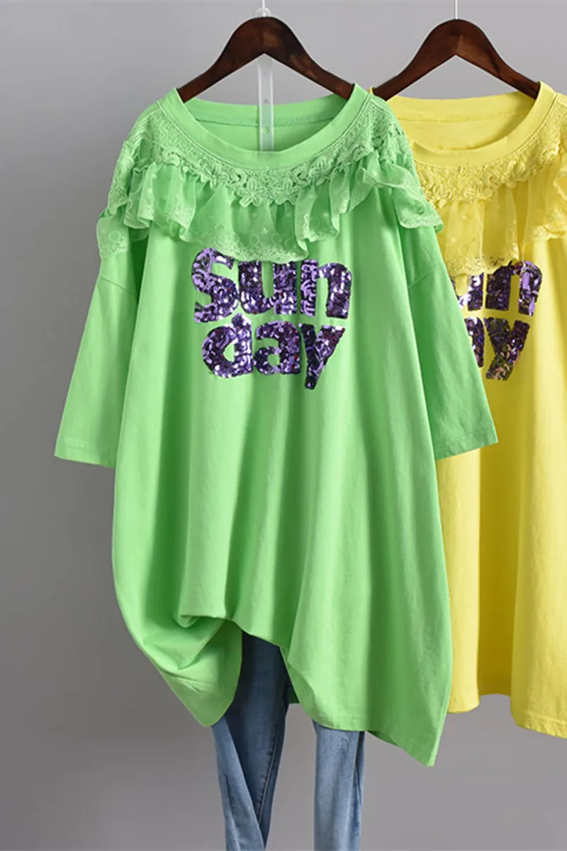 

Korean Fashion Ruffles Lace Stitching Sequined Plus Size T-shirt 2021 New Summer T Shirt Women Short Sleeve Casual Pullover Tops