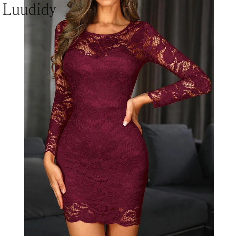 

Women Sexy Lace Dress Long Sleeve See Through Lace Mesh Sexy Party Dress
