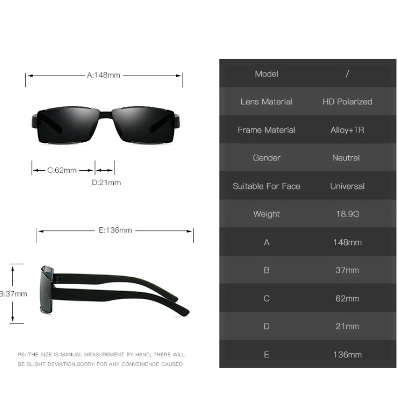 Поляризационные солнцезащитные очки мужские классические безрамные Квадратные