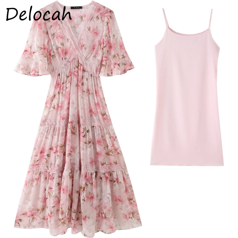 

Delocah New 2021 Summer Women Fashion RunwayParty Long Dress Flare Sleeve Lace High Waist Floral Printed Beach A-Line Dresses
