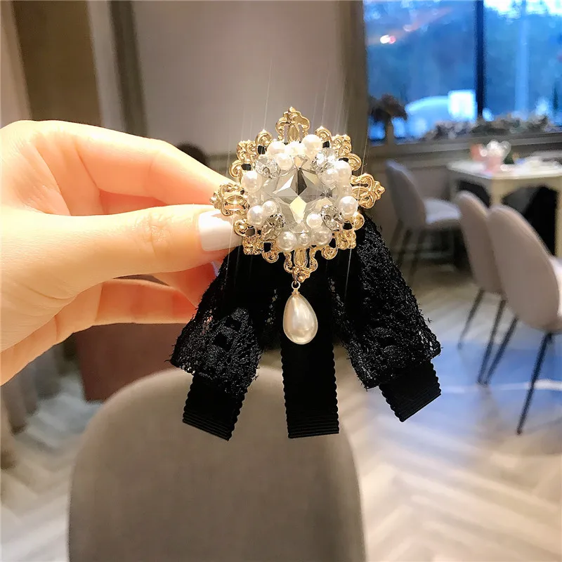 Женская Винтажная брошь с кружевным бантом черная в Корейском стиле