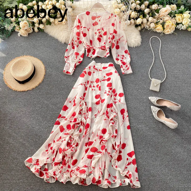 

Sexy Chiffon Two Piece Set Women Autumn Boho Chic Vacation Beach Short Tops And Ruffle Irregular Long Skirt Female Print Set New