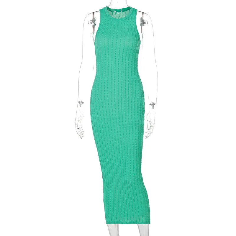 

2021 Fashion Knitted Dresses for Women Casual Sleeveless Summer Dress Solid O Neck Stripes Elastic Waist Bodycon Midi Dress