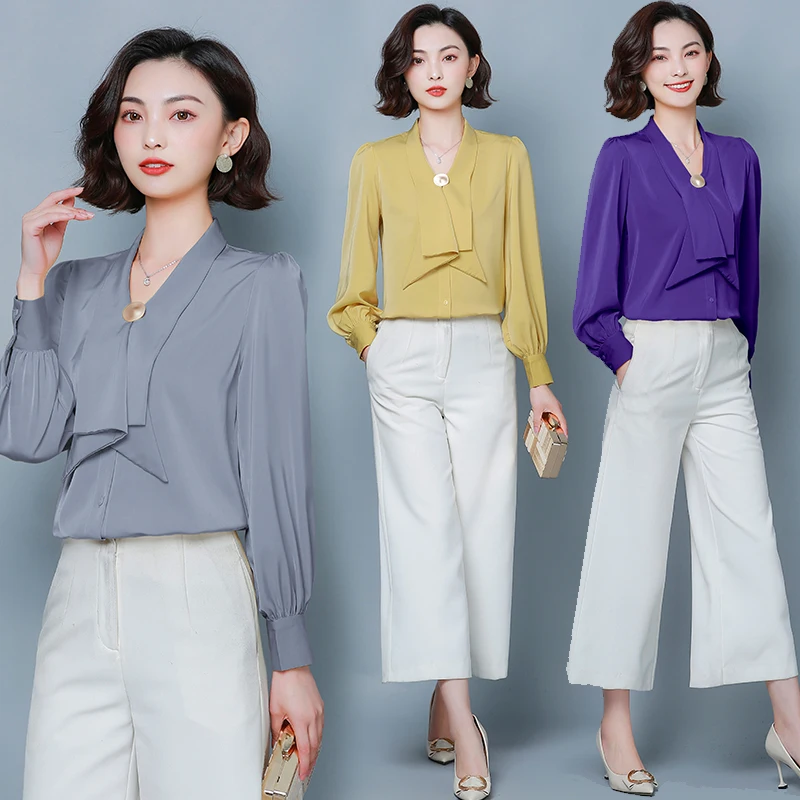 Блузка женская шифоновая с V-образным вырезом элегантная рубашка в Корейском