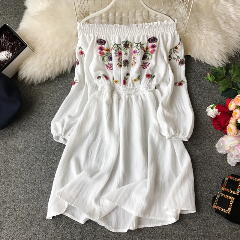 

2020 Women Summer Mini Dress Beach Style Slash neck Lantern Sleeve Waist Floral Embroidery White Vestidos Black Frocks for Women