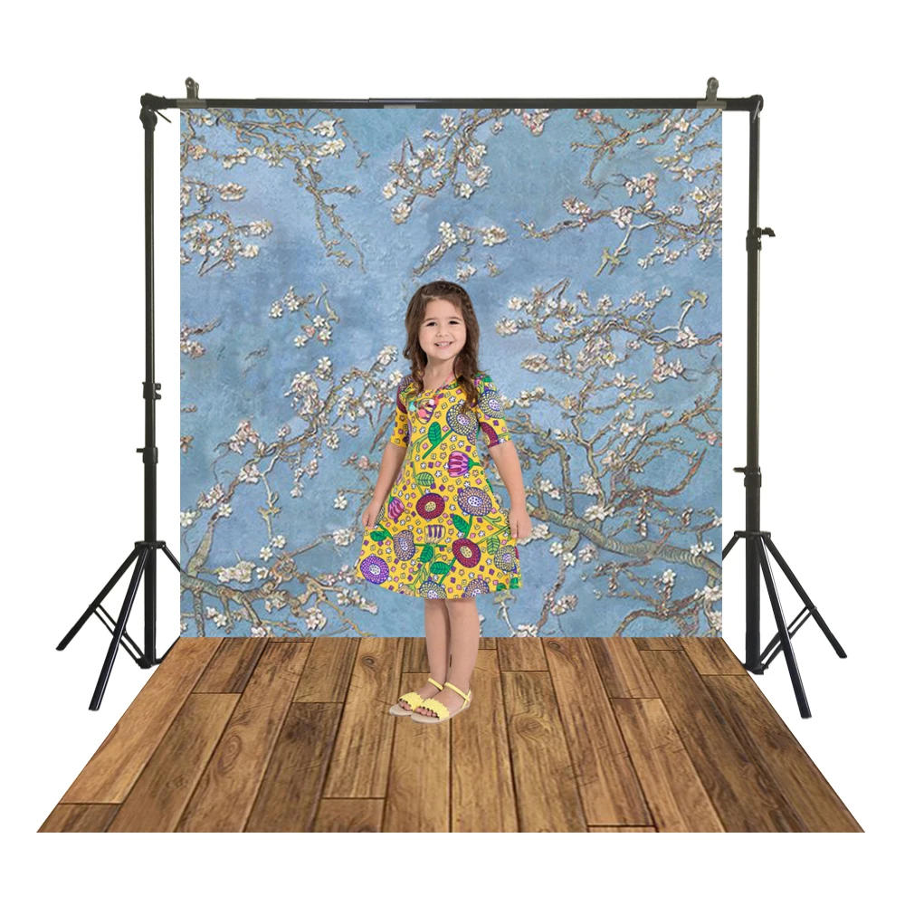 

3D Flowers Pattern On Blue Photography Back Drops Polyester Traditional Studio Backdrops Wood Floor Portrait Booth Backgrounds