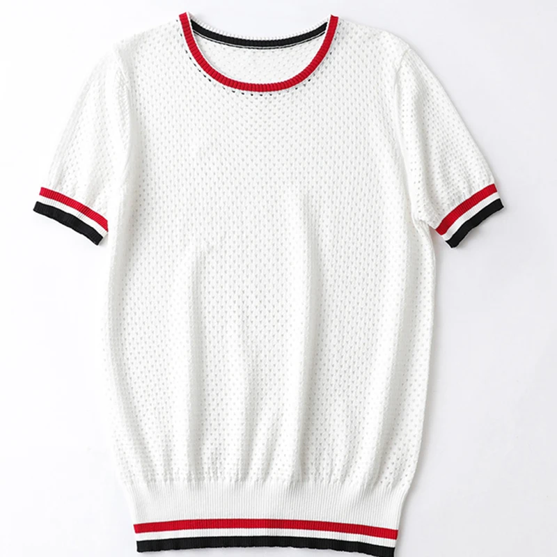 

2021 Summer New Hollow Out Shirt Cute Korean Fashion Short Sleeve O Neck Thin Knitting Stitched Sleeves White T Shirts For Women