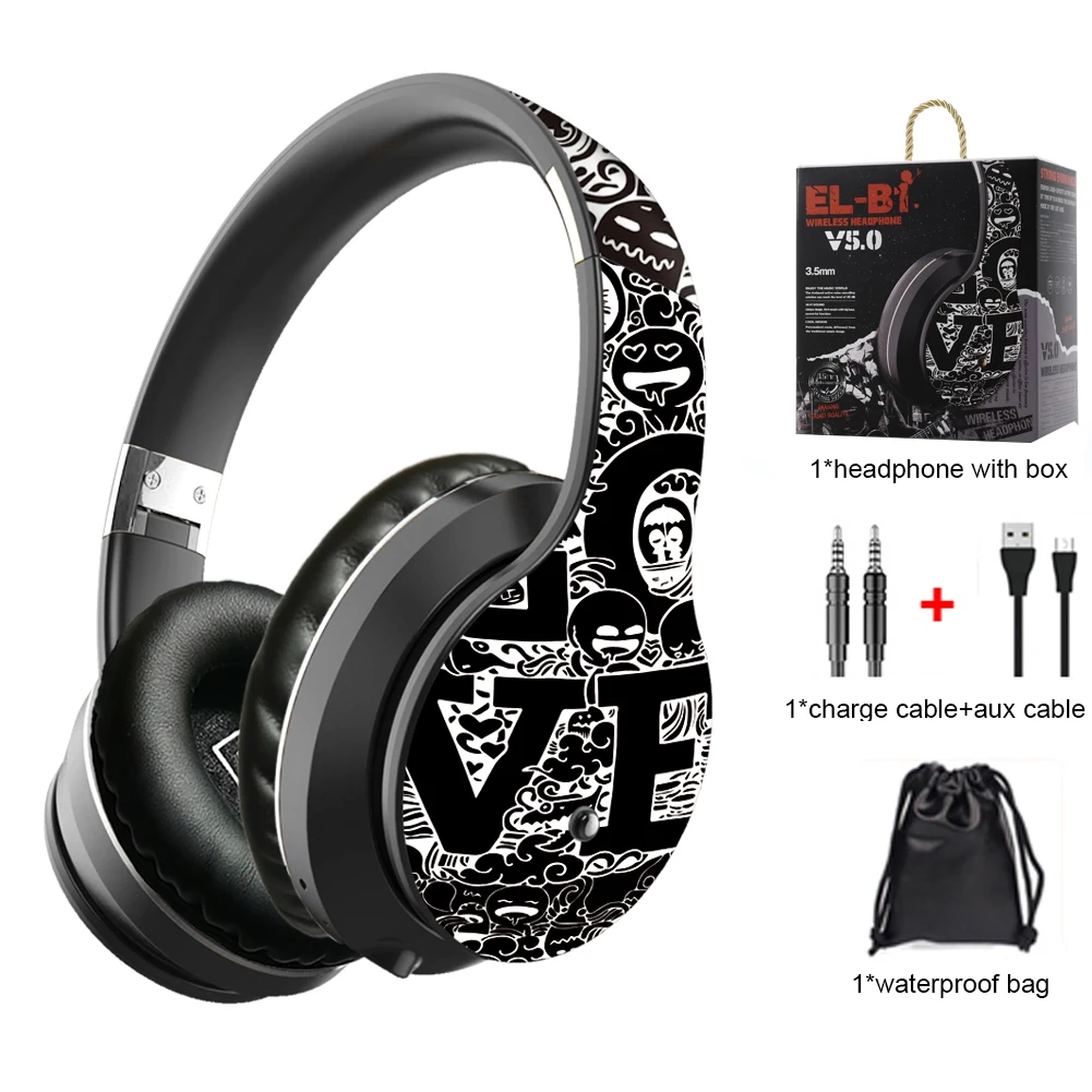 

Wireless Headphones Bluetooth Graffiti Headphones With Microphone PC Mobile Phone Stereo HIFI Sound for TF Card FM Radio