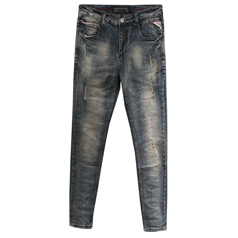 Italian Style Fashion Men Jeans Elastic Cotton Retro Yellow Blue Slim Ripped Jeans Men Vintage Designer Distressed Denim Pants