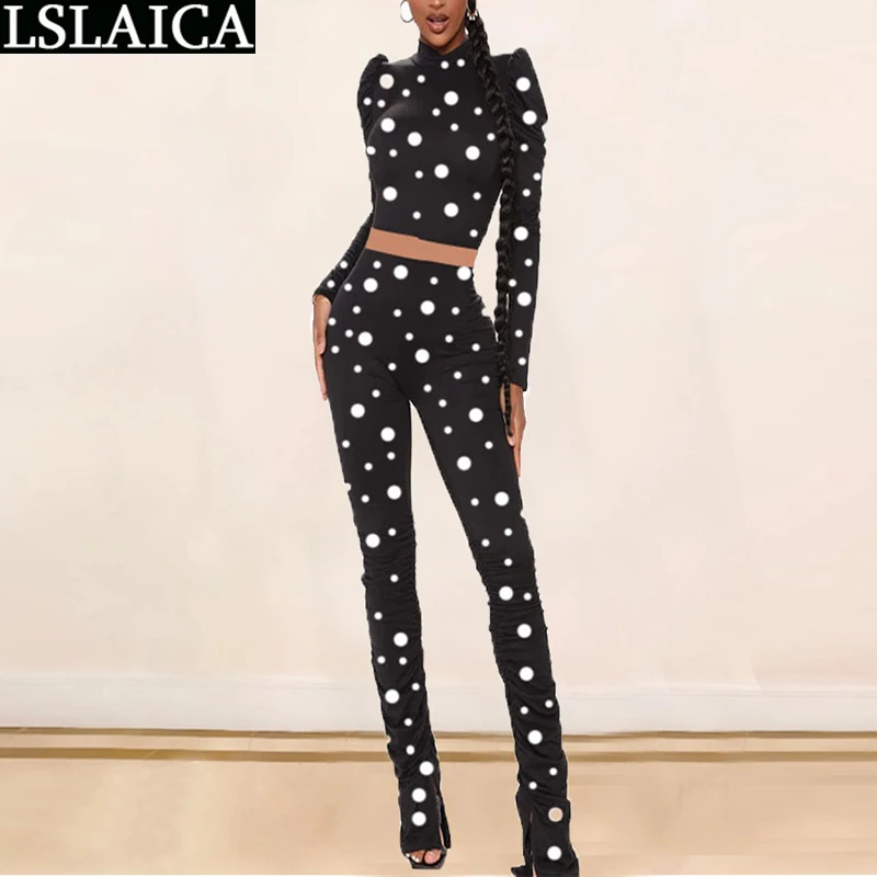 

Women 2 Piece Set Skinny Elastic Waist Polka Dot Fashion 2 Piece Sets Womens Outfits Exposed Navel Casual Tute Sportive Donna