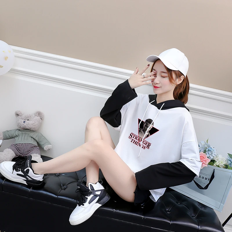 

Fashion Hoodie Women Stranger Things Harajuku Sweatshirt Solid Fake Two Pieces Patchwork Streetwear Loose Casual Pullover Tops