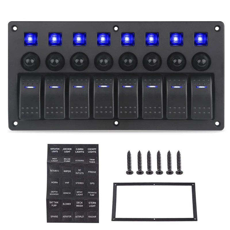 8 Gang Switch Panel Car Styling Waterproof 12V Car Auto Boat Marine Blue Led Rocker Switch Panel Circuit Breakers with Fuse Blue
