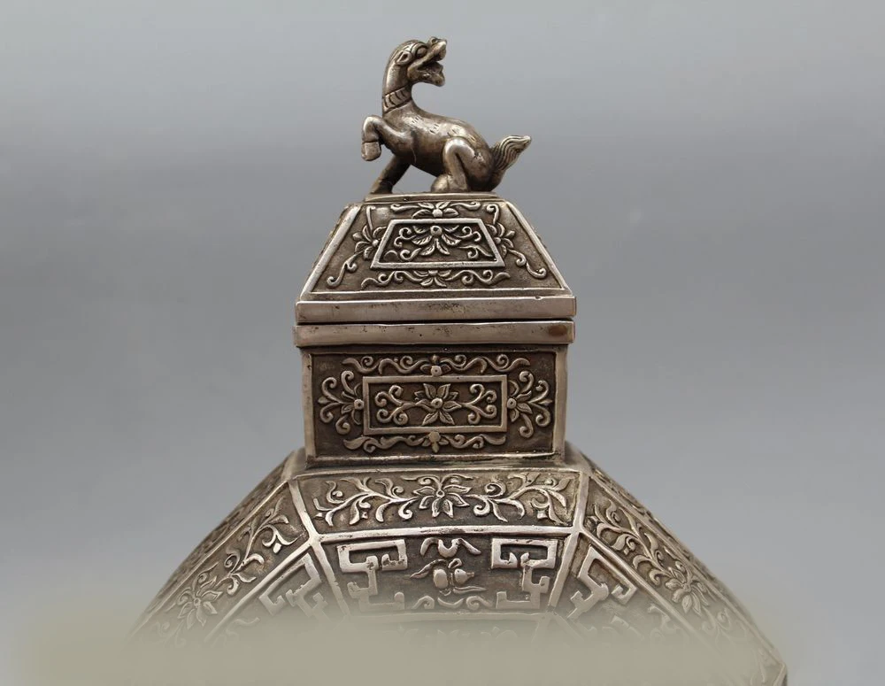 14 &quotпомеченный Китайский серебряный Килин восемь ваза для сокровищ цветочный