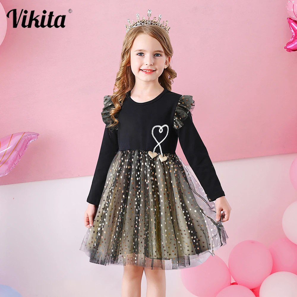 

VIKITA Girl Princess Vestidos Star Sequins Dress Children Christmas Clothing Toddlers Kids Autumn Birthday Party Elegant Dresses