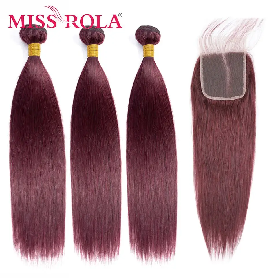 Miss Rola Hair Peruvian Straight Human Hair Weaving With Lace Closures 3 Bundles With 4*4 Closure 27# 99J BUG 30# Remy Hair