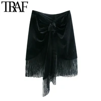 traf women fashion with knot tied tassel pleated velvet mini skirt vintage high waist back zipper female skirts mujer