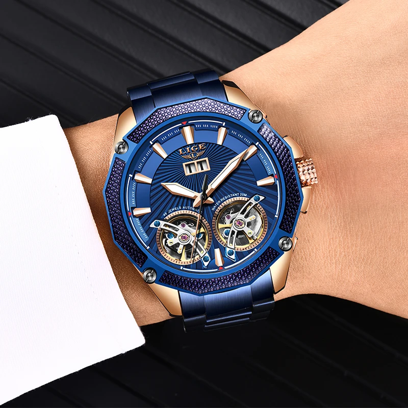 

LIGE 2020 Fashion Mens Mechanical Wristwatches Top Brand Luxury Double Tourbillon Automatic Watch Men All Steel Waterproof Clock