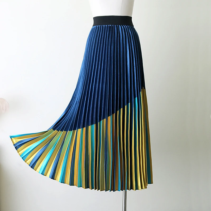 

Qooth Color Match Mid-length Pleated Skirt Big Swing High Waist A-line Skirt All Match Striped Fashion Elastic Waist Skirt QT729