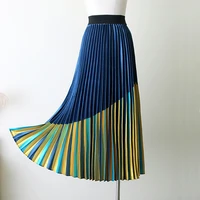 qooth color match mid length pleated skirt big swing high waist a line skirt all match striped fashion elastic waist skirt qt729