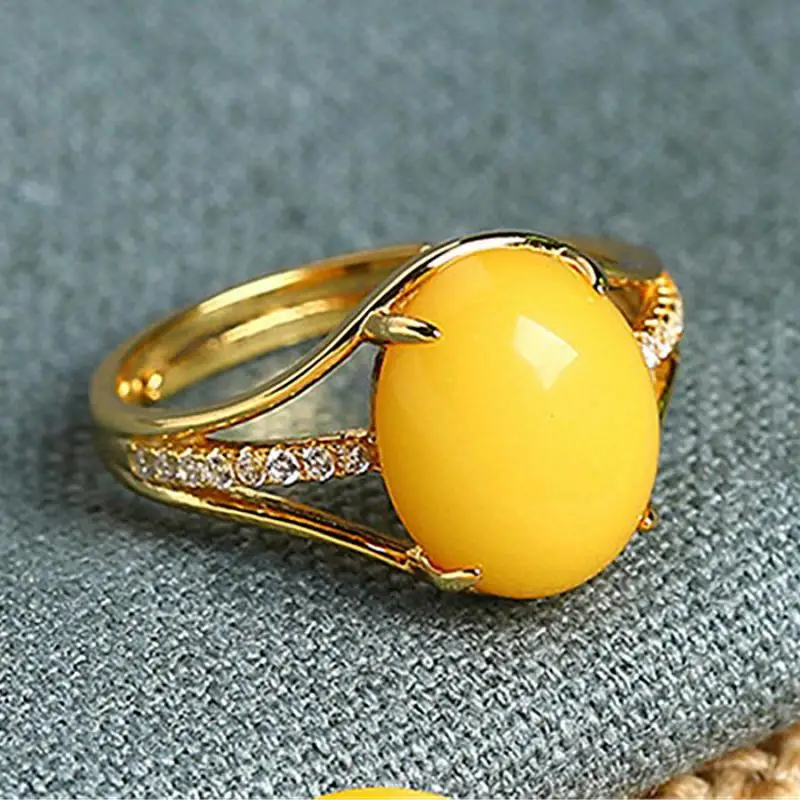 

Natural Baltic Amber Ring For Women Adjustable Yellow Beeswax Honey Wax With Zircon Wedding Rings For Girlfriend Mom Gifts