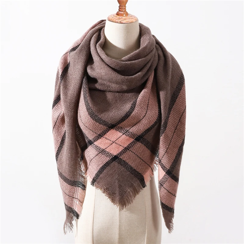 

2021 Winter Scarf Women Knitted Plaid warm Scarves Triangle Wrap Warm female