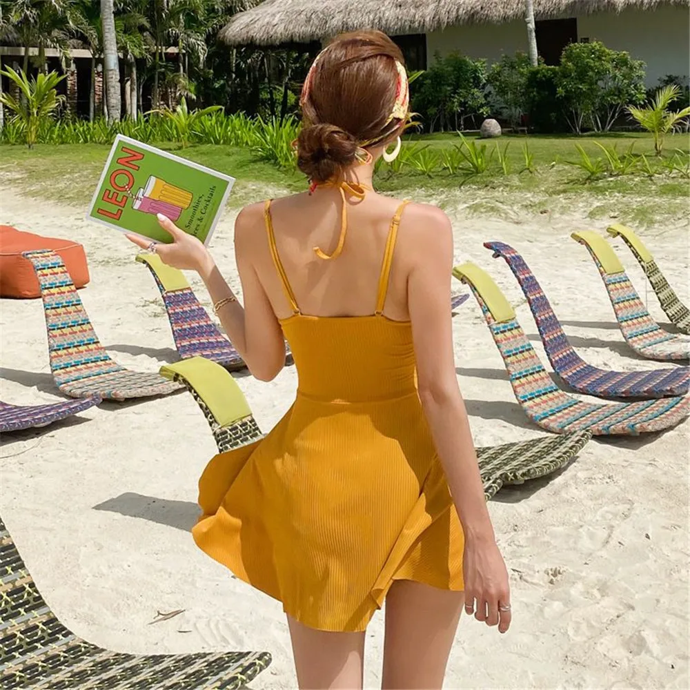 Korea Style One Piece Swimsuit Women Solid Swimwear Skirted Monokini Push Up Swim Suit Bandeau Trikini Pad Bathing Pleated |