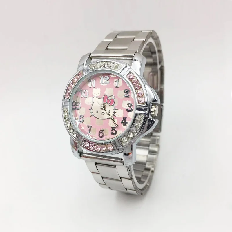 Забавный розовый кот часы дамы классический дизайн женские кварцевые сверкающий