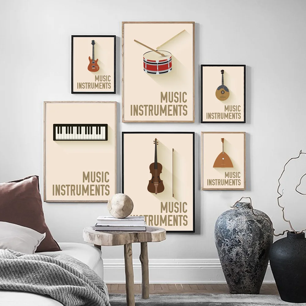 Картина на холсте с музыкальными инструментами фортепиано гитара скрипка