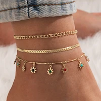 3 pcsset link chain daisy flower charm ankle bracelets for women cute flower fringed foot chain girls charm anklet jewelry new