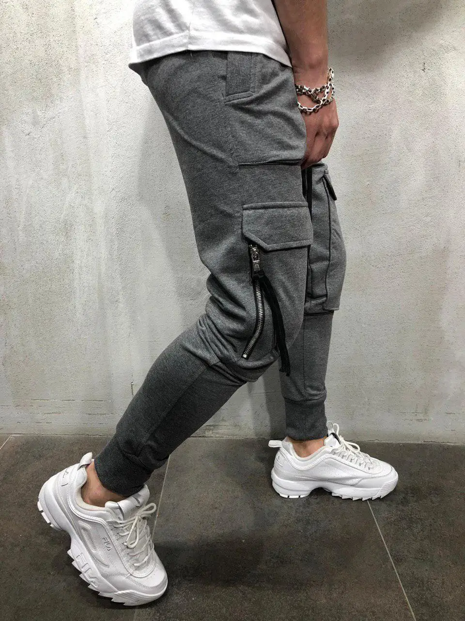 

Men's pocket fitness band mouth small foot zipper slim fit sports pants