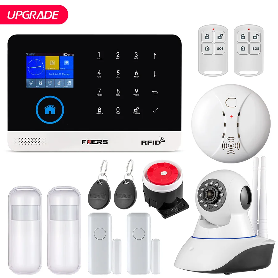 FUERS обновление PG103 wifi GPRS GSM домашняя система охранной сигнализации приложение управление Вспышка Сирена датчик дыма PIR детектор движения набор RFID