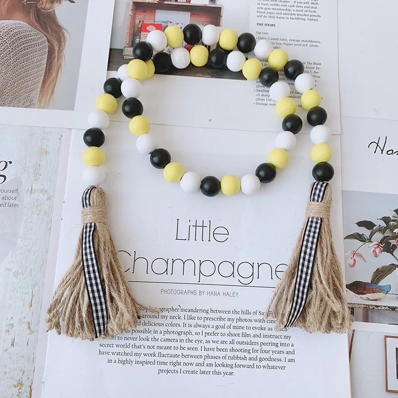 

Nordic Wood Bead Garland with Tassels Farmhouse Beads Rustic Country Decor Kid Room Wall Hanging Ornament Home Decor