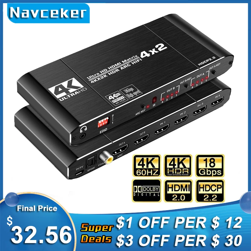 Splitter com Spdif e l 60hz para Ps5 Comutador Matriz r 3.5mm Hdr Hdmi-compatível 2×2 Suporta Hdcp 2.2 Arc 3d 4k @ 2022 4×2 –