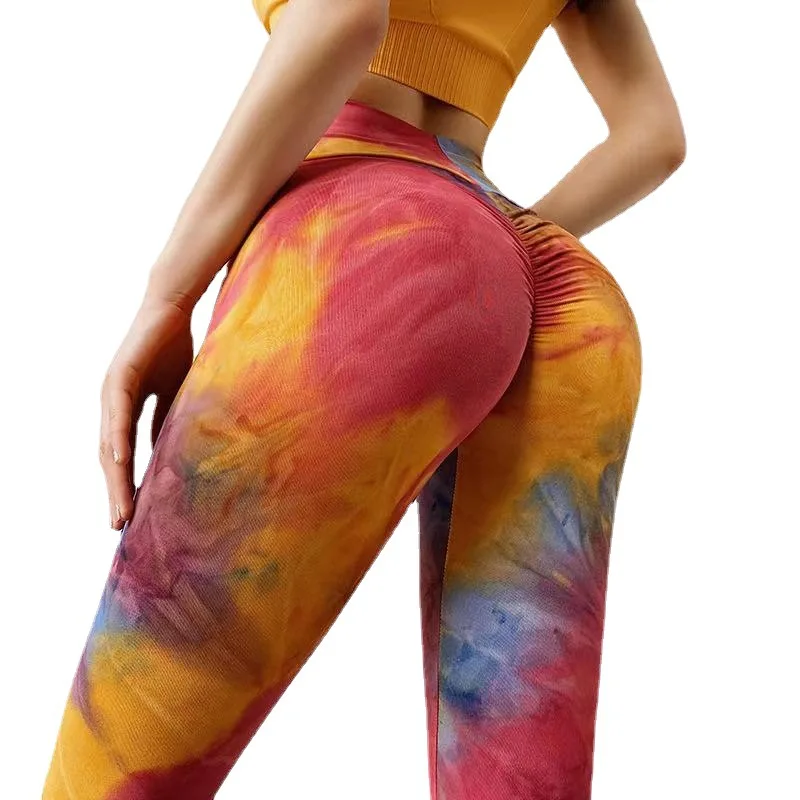 

2021 Women Tie-dye Jacquard Bubble High Waisted Ruched Butt Lift Textured Scrunch Booty Tights Sport Yoga Leggings