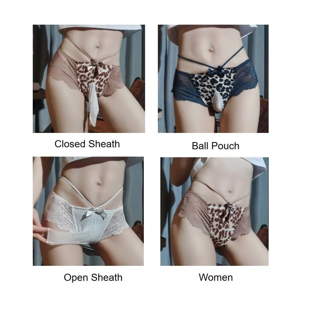 

Ice Silk Leopard Underwear Men Sexy Garter G-string Opened/Closed Peni Top Sheath Briefs Male U Convex Pouch Sheer Panties A30