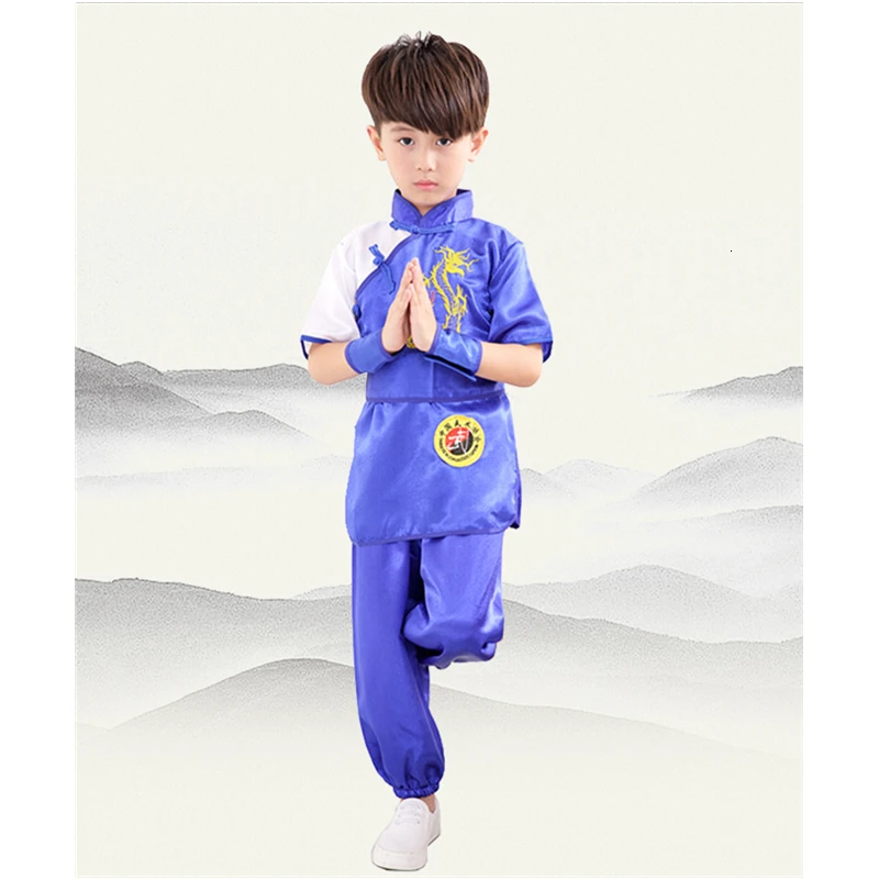 Blue Short Set Детская одежда ушу Вышивка Дракон Форма для кунгфу Китайский традиционный костюм для тайчи детей сценическое представление шаолин костюмы - Цвет: Blue Short Set