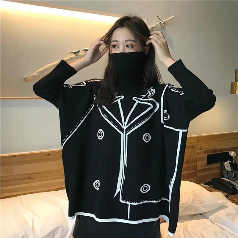 Свитер женский вязаный с высоким воротом черного цвета большого размера для