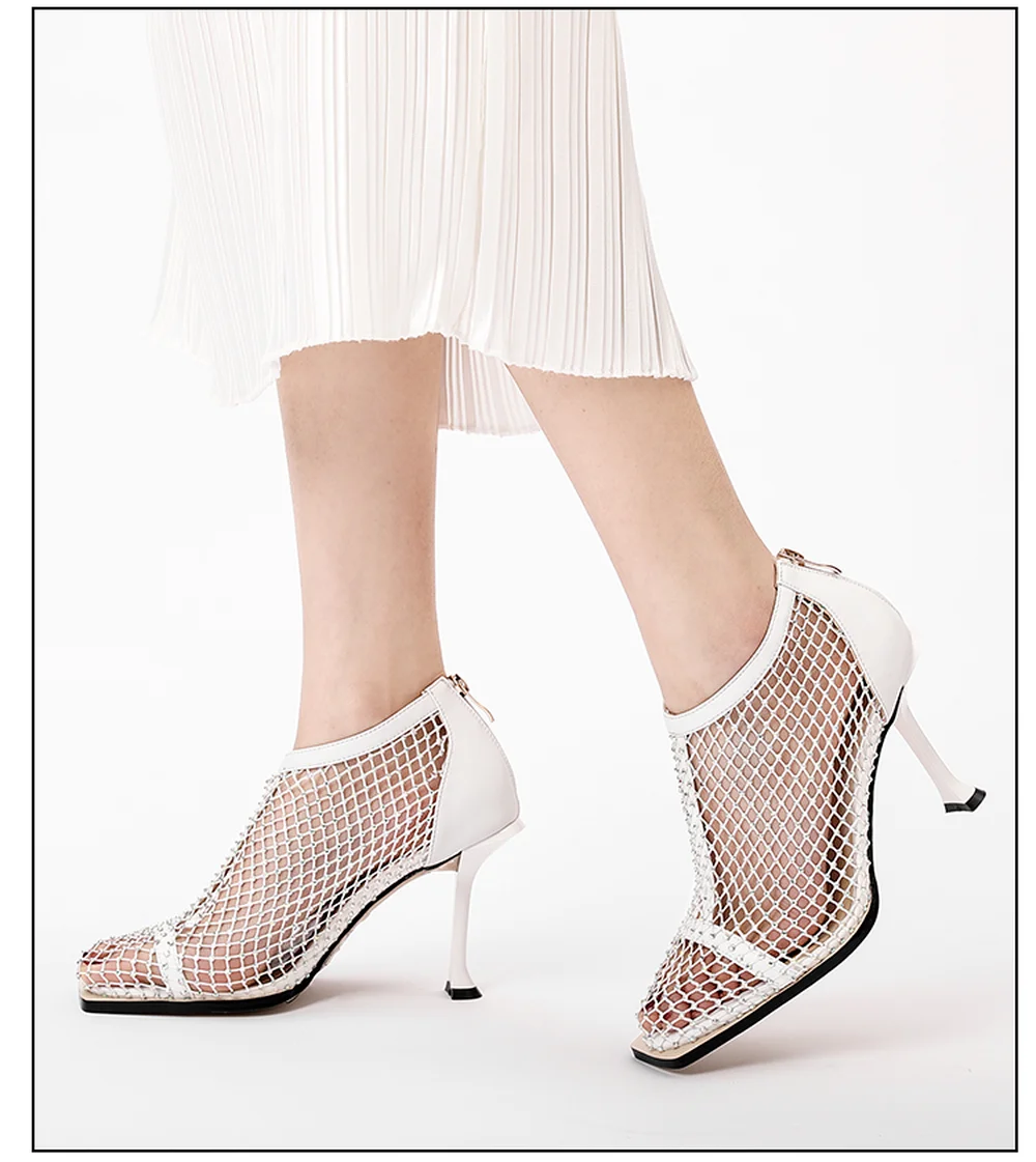 

Womens Pointy Toe Net Real Leather Rhinestones Stilettos High Heel Holes Ankle Sandals Shoes Summer Plus Size 2Colors New 2021