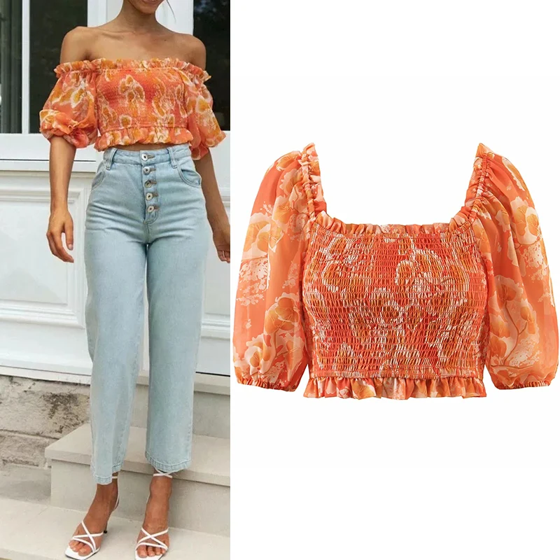 

WESAY JESI 2021 Summer New Women's Top Printed Strapless Sleeve Folded Puff Sleeve Cropped Top Retro Fashion Temperament Top