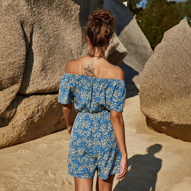 

Summer straight shoulder Jumpsuit temperament commuter high waist print wide leg Jumpsuit sexy waist blue short women's wear