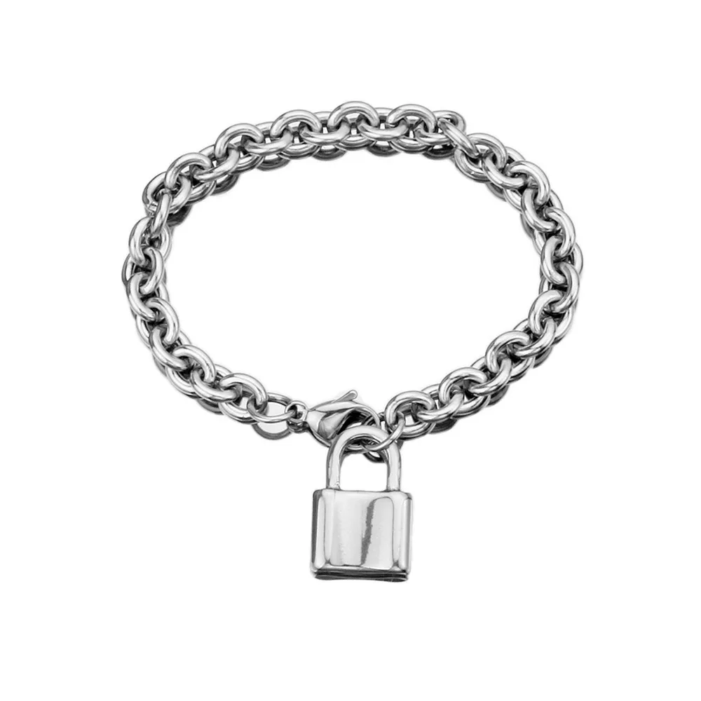 

Fashion Luxury Women Necklace Bracelet Set Stainless Steel Lock Shape Pendant Thick Chain Casual Couple Gift Jewelry